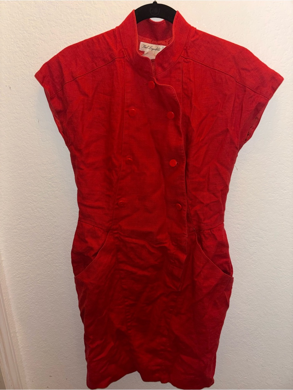 Karl Lagerfeld Linen Red Button Front Dress Mock Neck 60s Euro Vintage